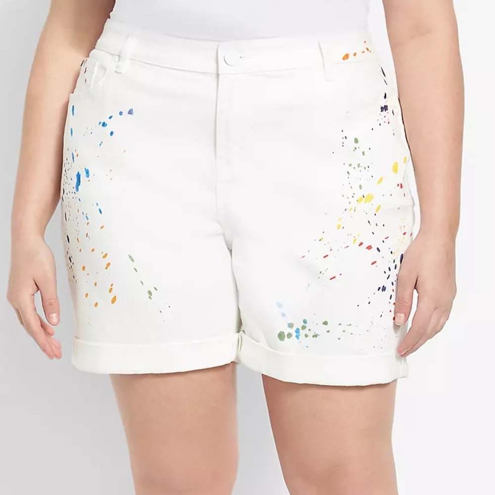 Lane Bryant Pride Jean Midi Shorts White with Paint Splatter Size 18